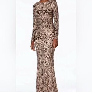 Betsy & Adam bronze, art deco, long sleeve, maxi dress.